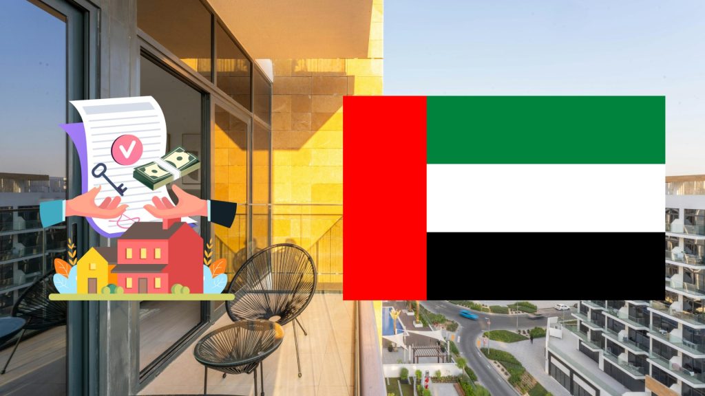 Appartement kopen in Dubai illustratie met foto van een appartement, de vlag van Dubai.