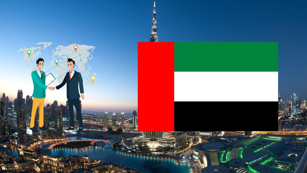 Free zones in Dubai illustratie met een foto van Dubai, de vlag van Dubai en twee zakenmannen die elkaar de hand schudden.
