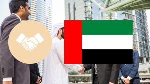 Twee mensen die elkaar de hand schudden in Dubai ter illustratie van een local sponsor in Dubai