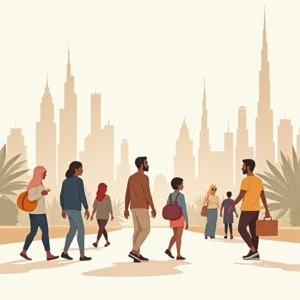 verschiedene Bewohner Dubais, die in Dubai unterwegs sind, mit der Skyline Dubais im Hintergrund