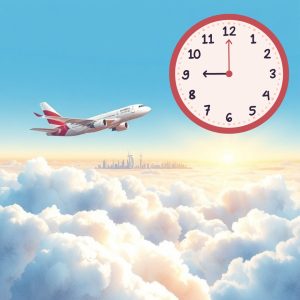 dubai hoelang vliegen illustratie vliegtuig met een klok erbij met Dubai op de achtergrond