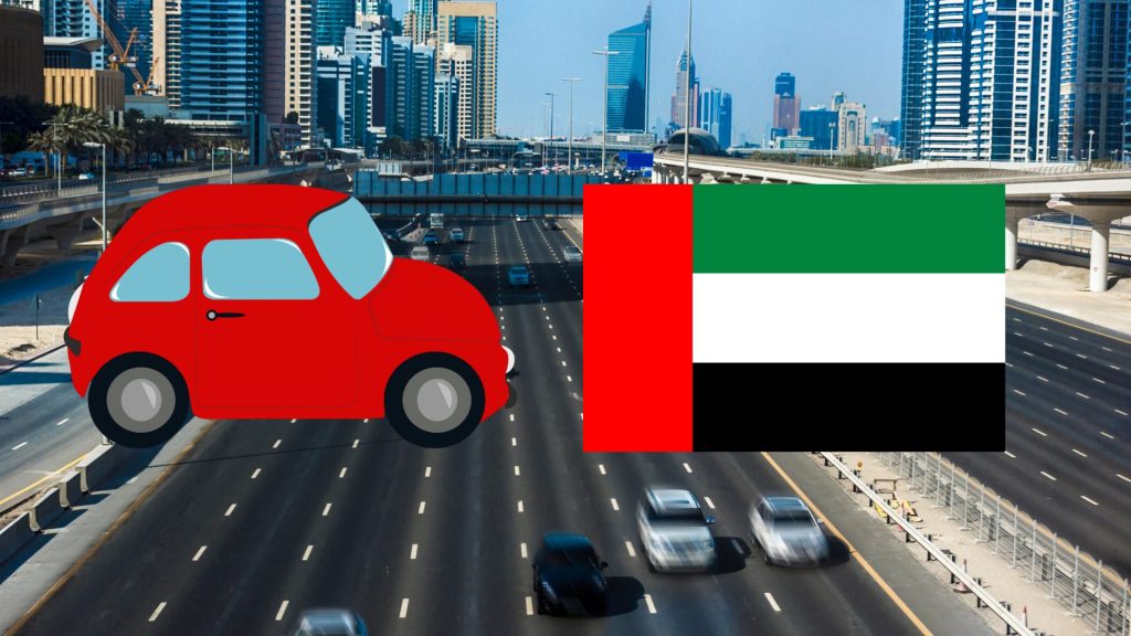 Autorijden in Dubai illustratie met een foto van een snelweg in Dubai, met daarvoor de vlag van Dubai en een auto