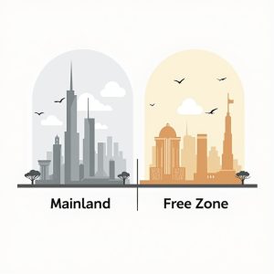 Afbeelding waarin twee gebieden te zien zijn, 1 is Mainland en de andere is een Free Zone