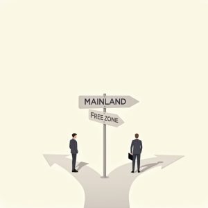 Een afbeelding met twee pijlen, de 1 gaat naar mainland en de andere naar free zone.