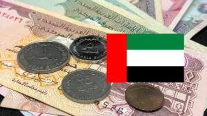 Currency in Dubai with an image of UAE dirham coins and notes