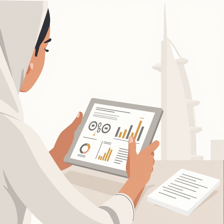 vrouw op een ipad met op de achtergrond de skyline van Dubai