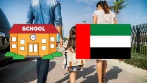 Girl walking hand in hand to school with her parents in Dubai