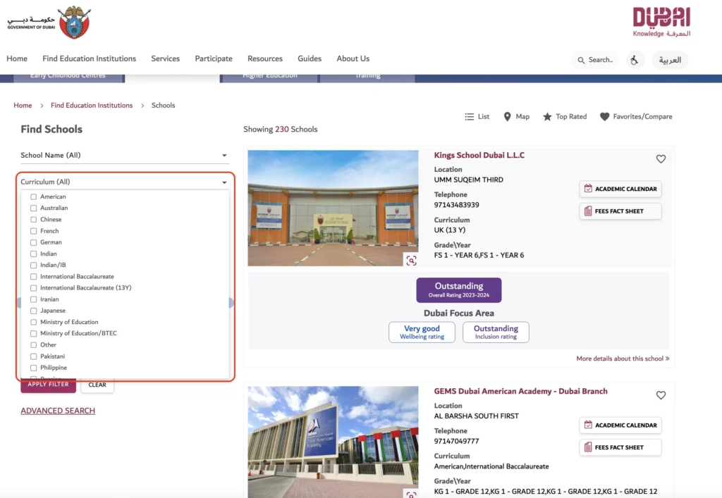 Screenshot of the school overview of schools in Dubai with a square around the curriculum filters