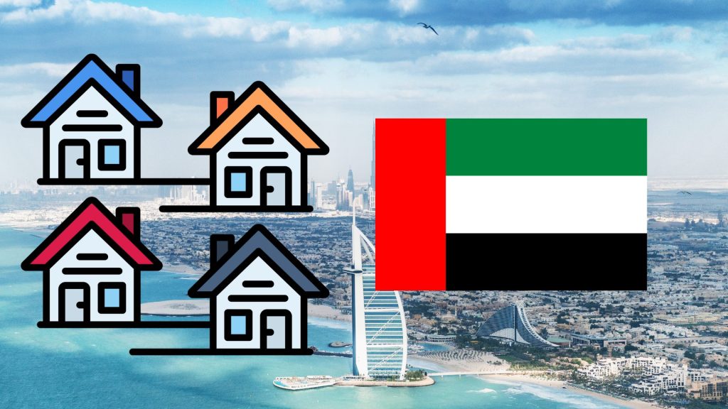 Illustratie foto voor wijken in Dubai, met een luchtfoto van Dubai, met de vlag van Dubai en 4 getekende huizen in Dubai