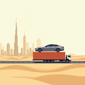 auto die op een container op een vrachtwagen staat met op de achtergrond de skyline van Dubai