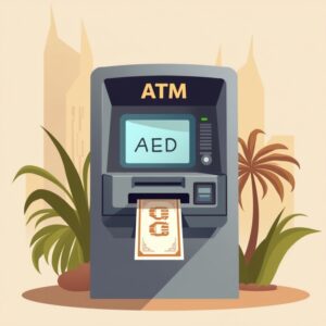 an ATM where a note is coming out with AED in large on the screen