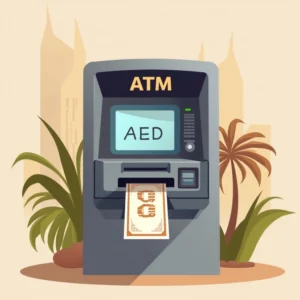 an ATM where a note is coming out with AED in large on the screen