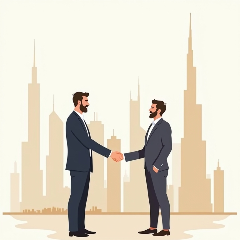 twee makelaars die elkaar de hand schudden ter illustratie van een succesvolle vastgoed investering in Dubai