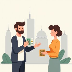 two people both holding money in their hands wanting to exchange it with each other