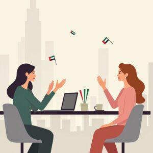 Twee vrouwen die aan het werk zijn en aan het bespreken zijn met vlaggetjes van Dubai
