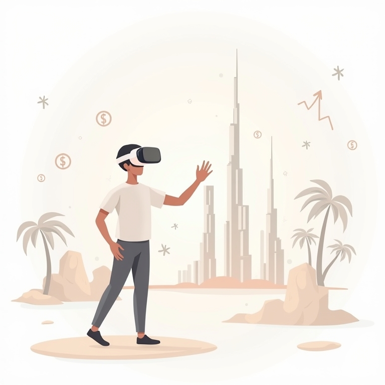 persoon met een VR bril die een virtuele tour doet in Dubai ter illustratie van de groeiende technologiesector in Dubai