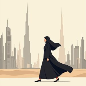 vrouw in Dubai met op de achtergrond de woestijn en de skyline van Dubai