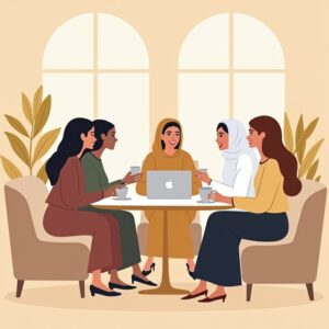 vrouwen die gezellig aan tafel zitten te werken en te bespreken met elkaar. Sommige traditioneel gekleed en andere niet.