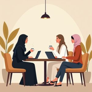 twee vrouwen die aan het werk zijn met vlaggetjes van Dubai boven hun