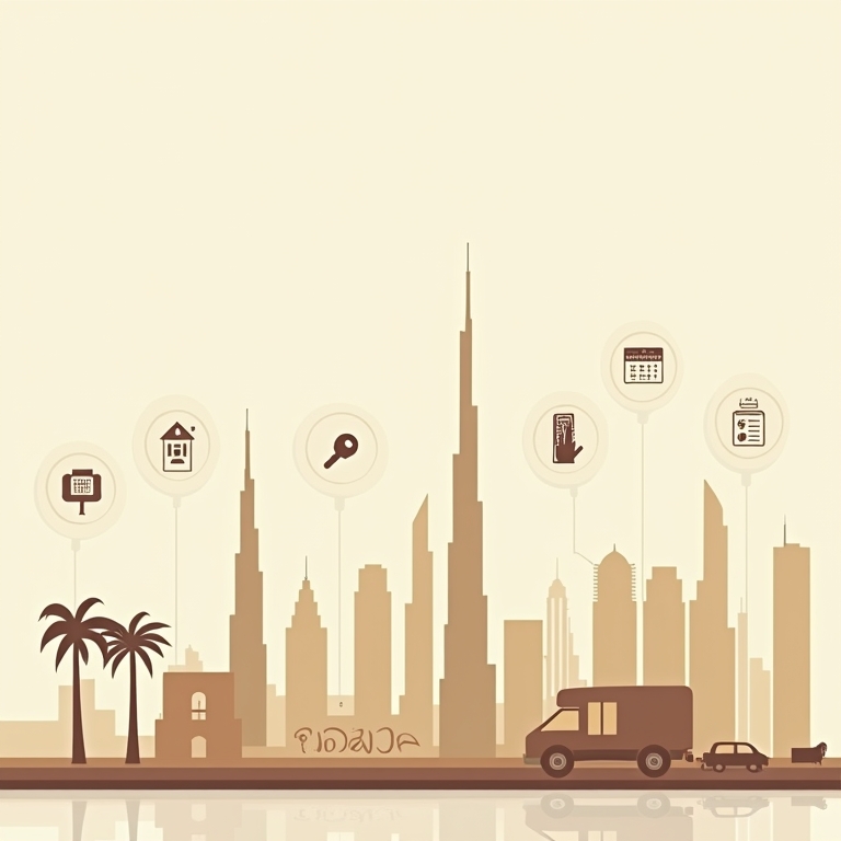 De stad Dubai met erboven allemaal icoontjes die staan voor short stay huurkansen