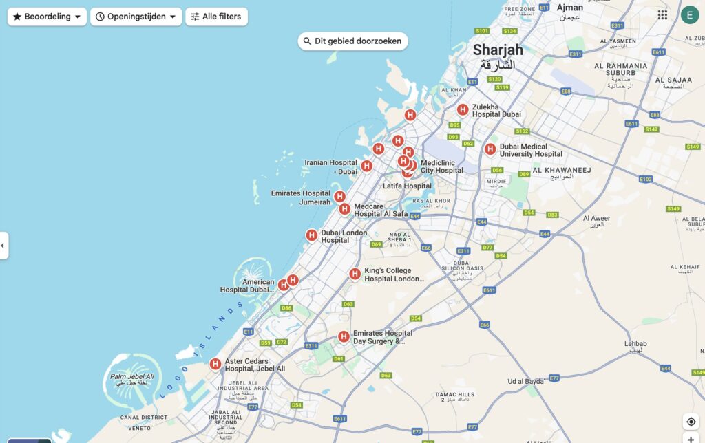 Google Maps kaart van Dubai met hierop alle ziekenhuizen in Dubai
