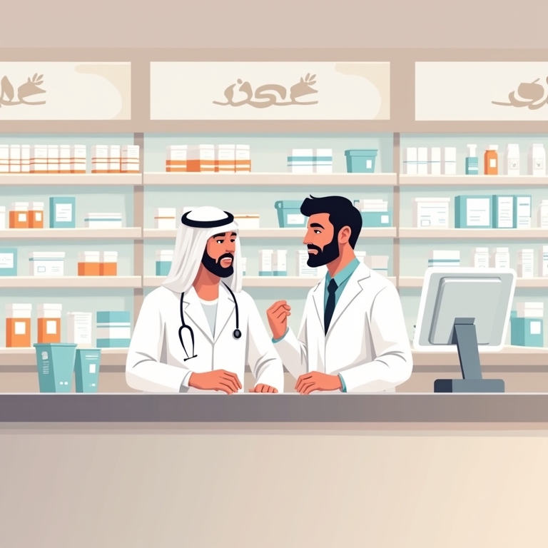 twee mannen achter de balie bij een apotheek in Dubai