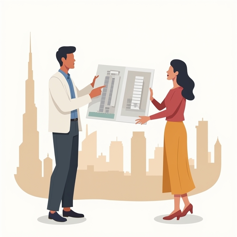 persoon met een kaart van een vastgoed project, off-plan met op de achtergrond de skyline van Dubai