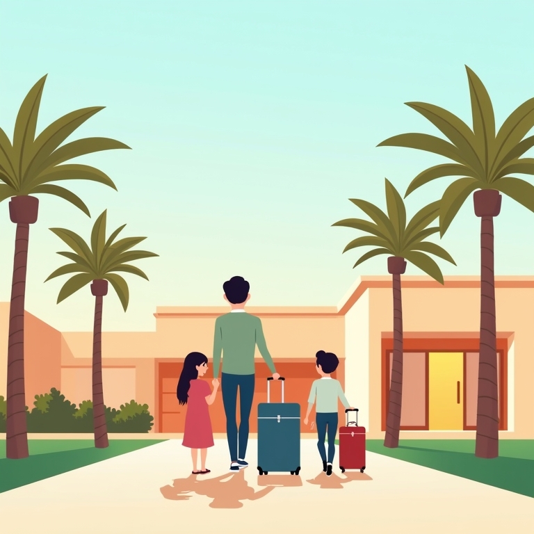 een man met twee kinderen met een rolkoffer die naar hun nieuwe huis toe lopen. Je ziet dat het short stay is, omdat ze weinig spullen bij zich hebben.