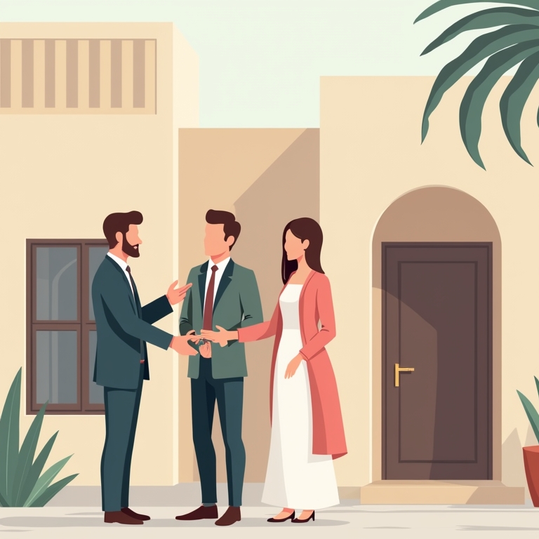 een makelaar voor een huis met twee mensen die elkaar die hand schudden ter illustratie van een verhuurd short stay huis