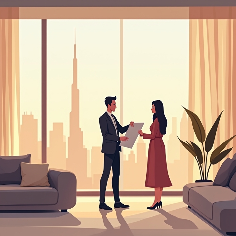twee personen binnen een huis met de Burj Khalifa op de achtergrond die bezig zijn met een contract