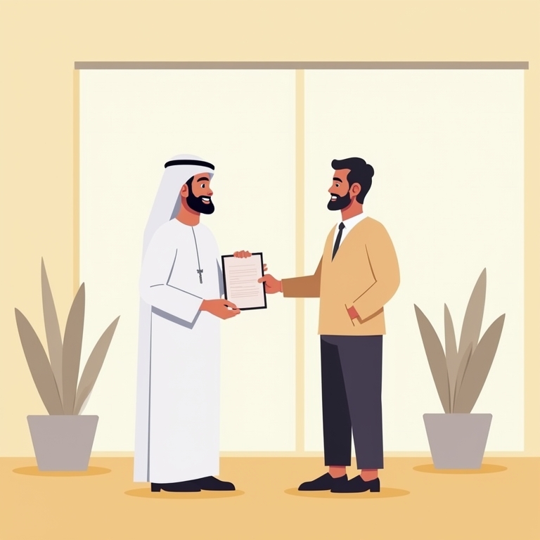 persoon die een contract overhandigd aan een ander persoon ter illustratie van het kopen van een freehold woning in Dubai