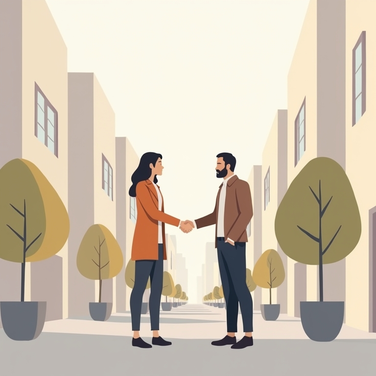 een makelaar die een vrouw haar hand schud ter illustratie van een persoon die een nieuw long stay huis gaat huren